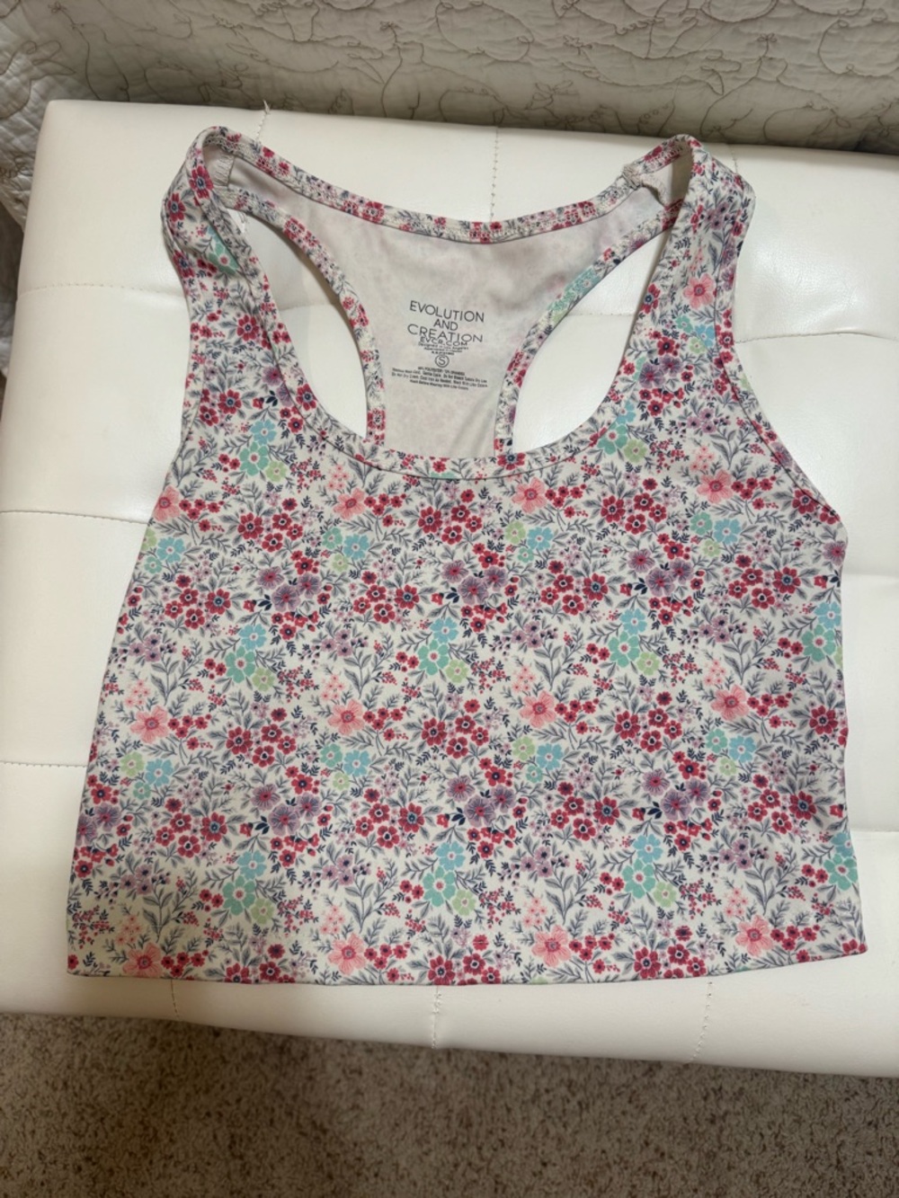 Evolution and Creation Floral Racerback Tank Top - White with Pink & Mint
